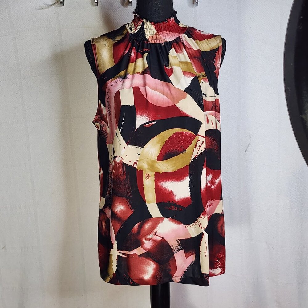 Sere Nade New York Dark Red Pink Tan Black High Mock Neck Sleeveless Poly Top 1X